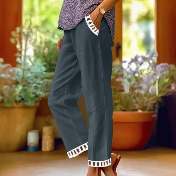 Yotami Summer Pants for Women Solid Color High Waisted Soft Linen Blend Trousers with Pocket Straight Leg Ankle Length Pant for Everyday, Gray XXL
