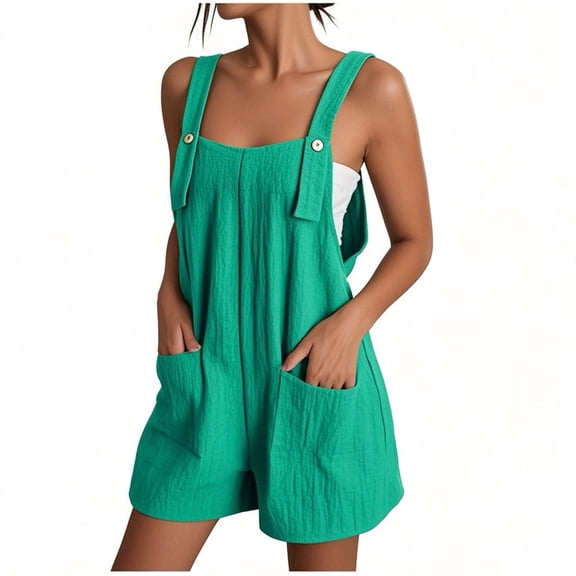 Yotami Summer Rompers for Women Casual Jumpsuit with Pocket Solid Color Button Strap Sleeveless Wide Leg Short Jumpsuit for Beach