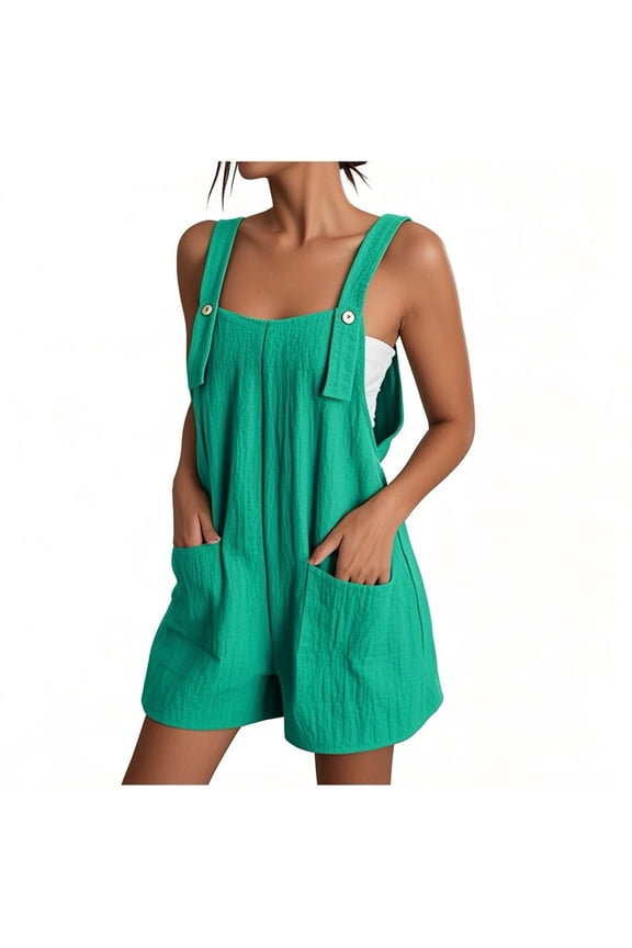 Summer Rompers for Women Casual Jumpsuit with Pocket Solid Color Button Strap Sleeveless Wide Leg Short Jumpsuit for Beach