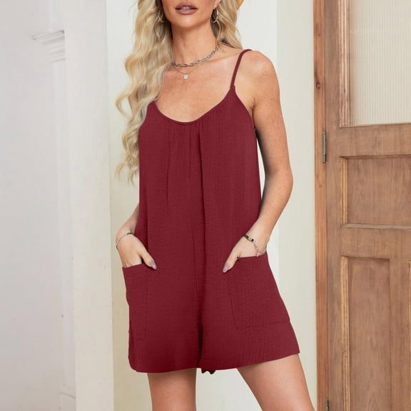 Yotami Summer Rompers for Women V-Neck Breathable Jumpsuit with Pocket Solid Color Sleeveless Spaghetti Strap Wide Leg Short Jumpsuit for Holiday