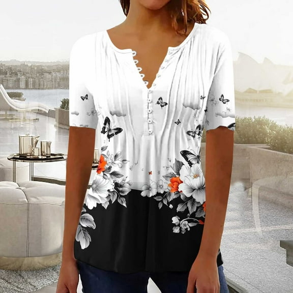 Yotami Summer Tops for Women Trendy Boho Floral Print Shirts Pleated Short Sleeve Button V-Neck Casual Loose Blouse White