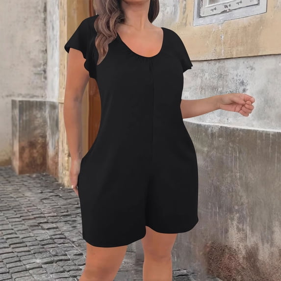 Yotami Summer Wide-Leg Rompers for Women Casual Ruffle Sleeve Shorts Jumpsuits V-Neck Loose Fit Beach Jumpsuits Outfits, Black XXL
