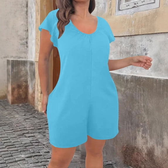 Yotami Summer Wide-Leg Rompers for Women Casual Ruffle Sleeve Shorts Jumpsuits V-Neck Loose Fit Beach Jumpsuits Outfits, Sky Blue XL