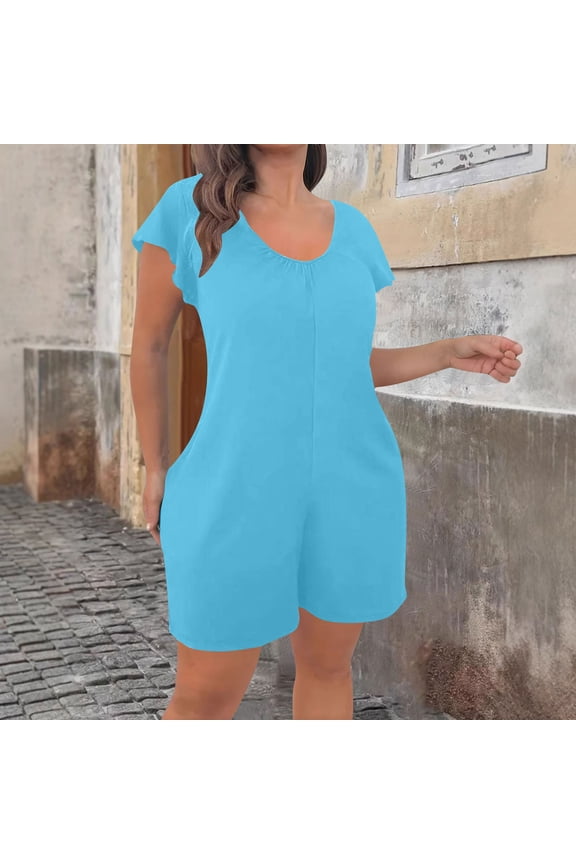 Summer Wide-Leg Rompers for Women Casual Ruffle Sleeve Shorts Jumpsuits V-Neck Loose Fit Beach Jumpsuits Outfits, Sky Blue XXXXL