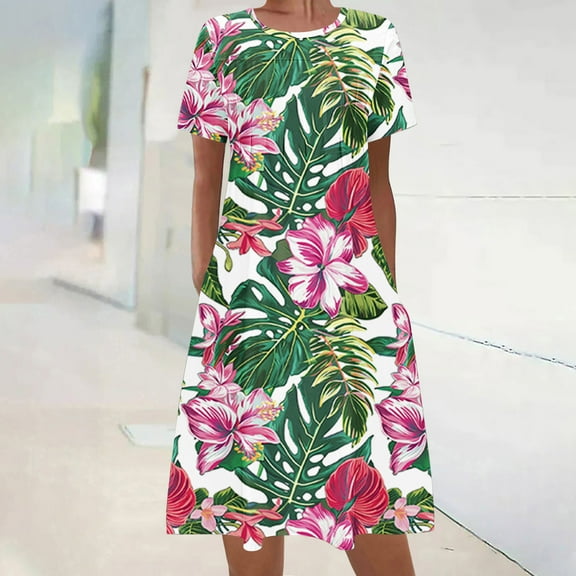 Yotami Sundress for Women Boho Short Sleeve Midi Dress Summer Floral Print Crew Neck Dress for Outdoor