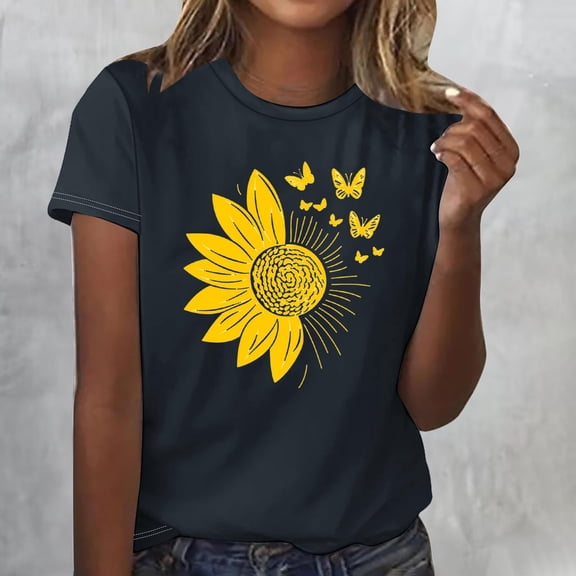 Yotami Tops for Women Short Sleeve Floral Print Summer Tops for Weekend Round Neck Lightweight T-Shirt Black S