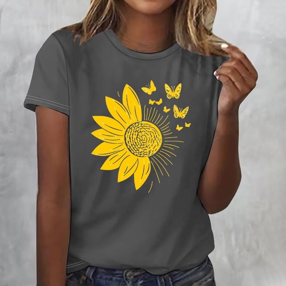 Yotami Tops for Women Short Sleeve Floral Print Summer Tops for Weekend Round Neck Lightweight T-Shirt Gray S