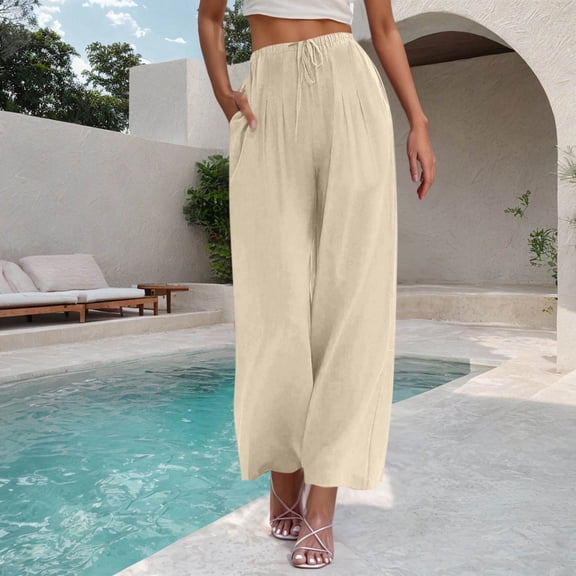 Yotami Trendy Linen Pants for Women with Pocket Solid Color High Waisted Drawstring Comfortable Trousers Straight Leg Ankle Length Pant for Weekend, Beige M