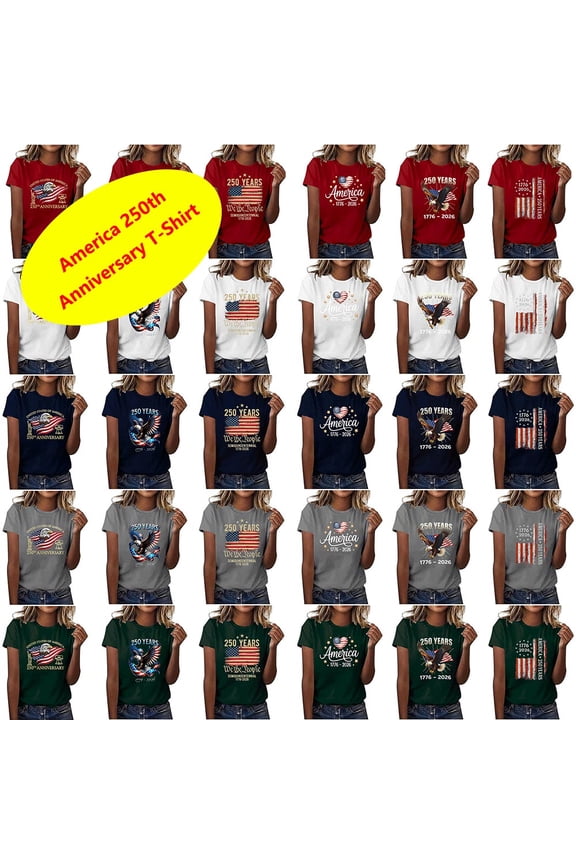 USA 250th Anniversary T-Shirts for Women Plus Size American Flag Printed Crew Neck Tops Short Sleeve Breathable Patriotic Summer Blouse, 4th of July, 1776-2026