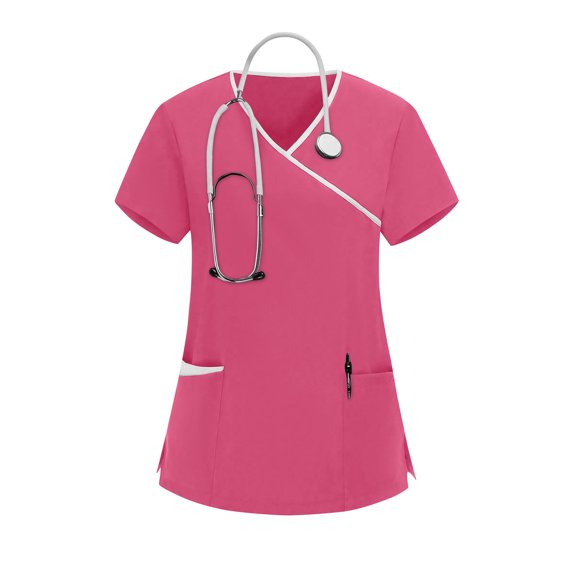 Yotami V-Neck Scrub Tops for Women Short Sleeve Fashion Plus Size Tops with Pocket Solid Color Clothes for Daily, Hot Pink, XL