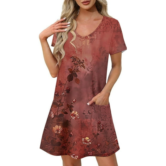 Yotami Vacation Dress for Women Floral Print Summer Midi Dress with Pocket V-Neck Short Sleeve Boho Dress for Casual