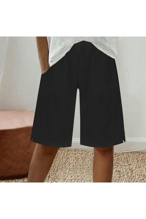 Vacation Shorts for Women Loose Fit Straight Leg High Waist Drawstring Shorts with Pocket Summer Cotton Linen Bermuda Shorts for Outdoor