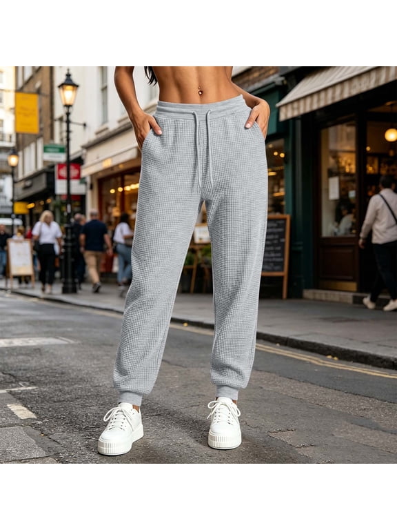 Waffle Knit Jogger Pants for Women, Elastic Drawstring Waistband Ribbed Cuff Casual Lounge Pants with Side Pockets