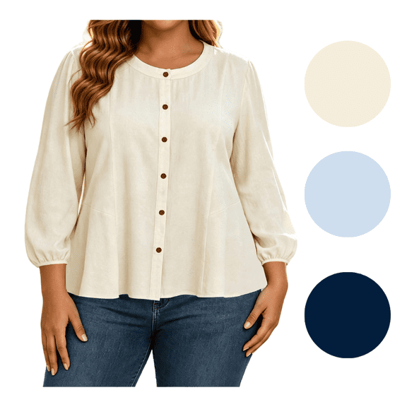 Yotami Women Plus Size Blouse, 3/4 Puff Sleeve Round Neck Button Down Peplum Casual Shirts, Fall Winter Layering Top