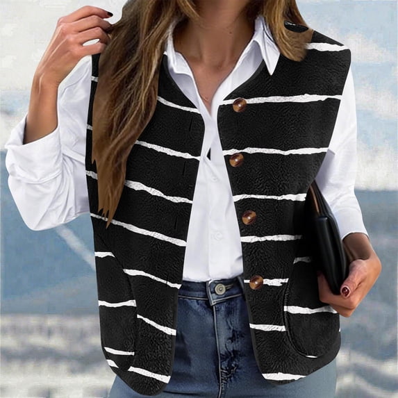 Yotami Women Sleeveless Fleece Vest, Button Front Lightweight Outerwear with Pockets Design, Fall Striped Casual Layering Jacket