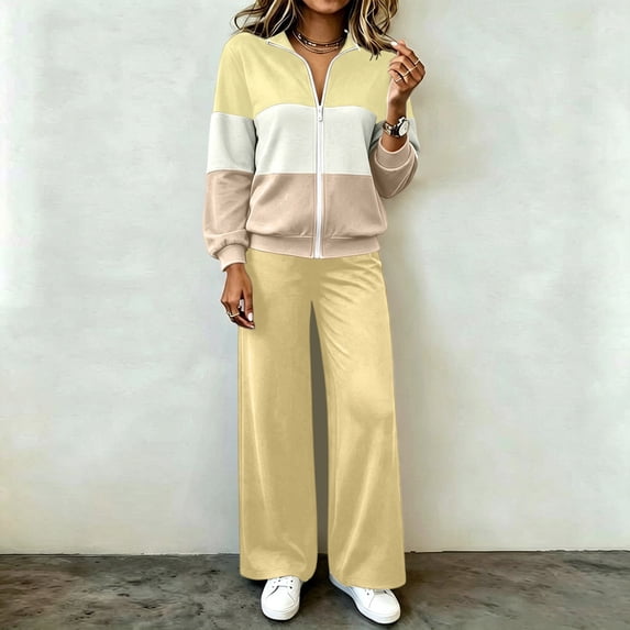 Yotami Women Tracksuit Set, Color Block Zip Up Sweatshirt And Wide Leg Pants, Casual Fall Matching Outfit With Pockets