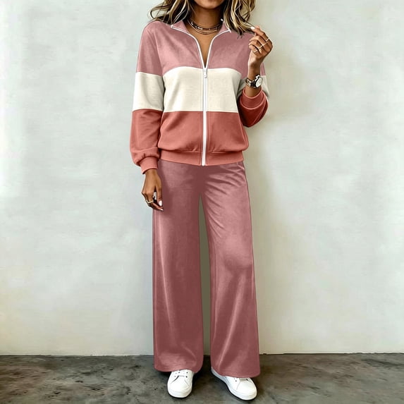 Yotami Women Tracksuit Set, Color Block Zip Up Sweatshirt And Wide Leg Pants, Casual Fall Matching Outfit With Pockets