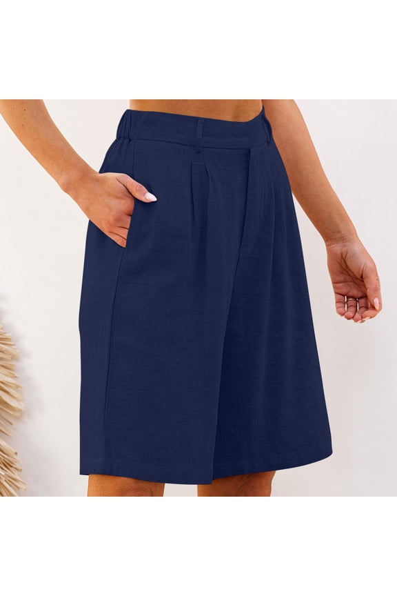 Women's Beach Shorts with Pocket Cotton Linen Shorts Loose Straight Leg High Waisted Summer Bermuda Shorts for Everyday
