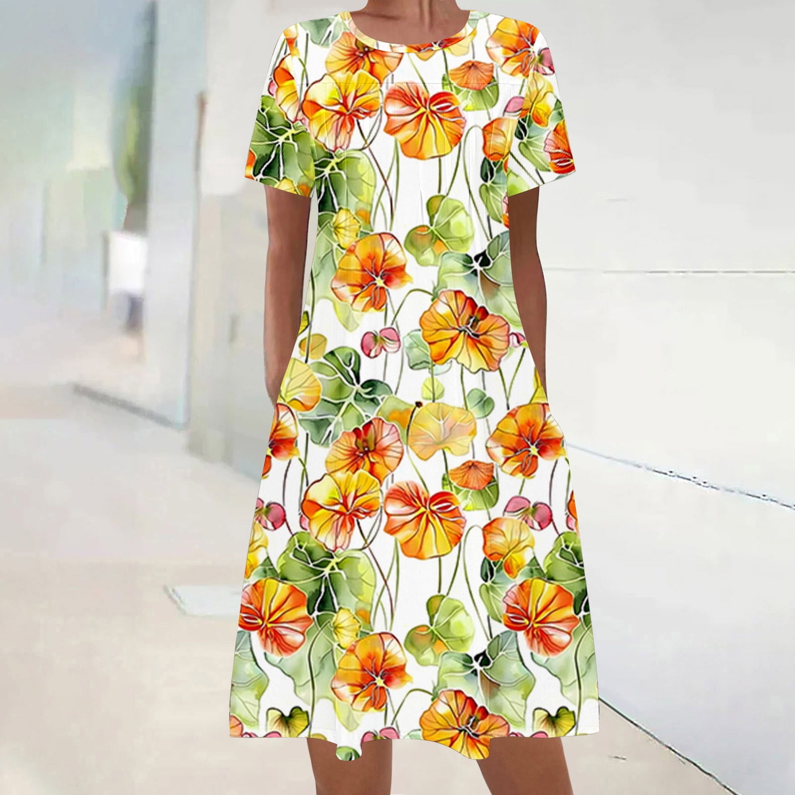 Women's Boho Dress Summer Midi Dress Short Sleeve Crew Neck Floral Print Dress for Everyday