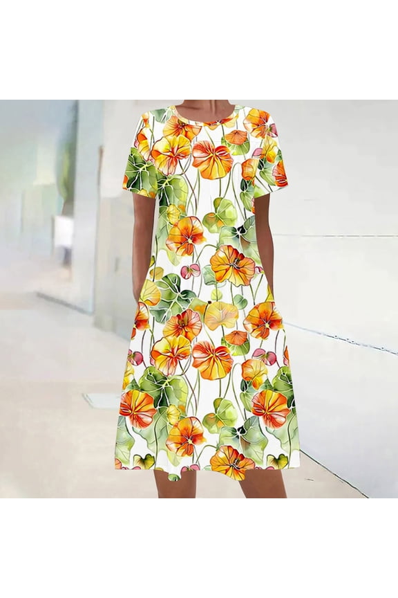 Women's Boho Dress Summer Midi Dress Short Sleeve Crew Neck Floral Print Dress for Everyday