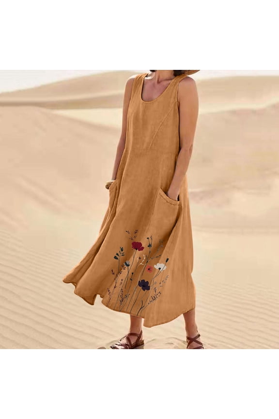 Women's Casual Dresses Summer Lightweight Maxi Linen Dress with Pocket Round Neck Sleeveless Swing Floral Dresses Brown XS