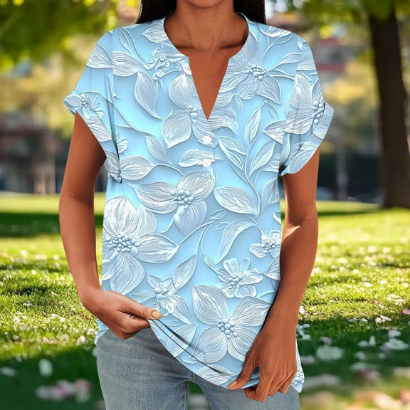 Yotami Women's Casual T-Shirt Short Sleeve Floral Print Summer Tops for Home V-Neck Soft Tee Light Blue XXL