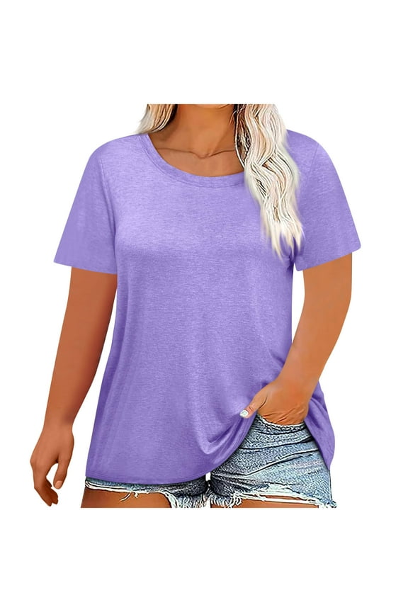 Women's Crew Neck Shirt Plus Size Summer Graphic Tee Solid Color Short Sleeve Soft Blouse for Beach Cover-Up, Purple