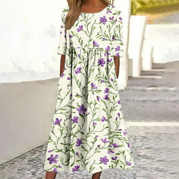 Yotami Women's Crew Neck Short Sleeve Dress Plus Size Maxi Dress with Pocket Floral Print Ruffled Dress for Summer