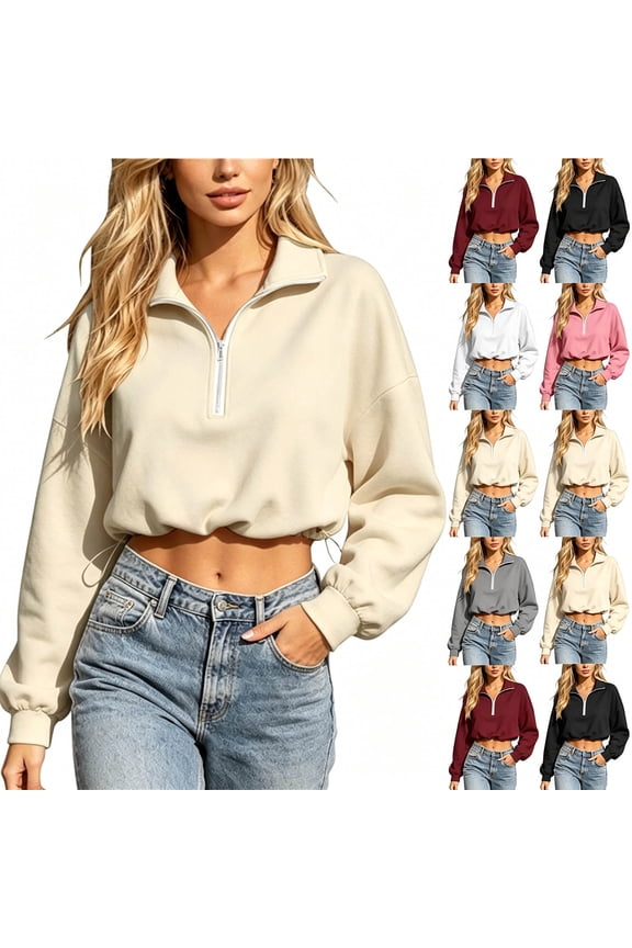 Women's Cropped Sweatshirt, Lightweight Long Sleeve Pullover Sweatshirt Half Zip Turndown Collar Solid Casual Tops Fall Clothes with Drawstring Hem, Size S-XXL
