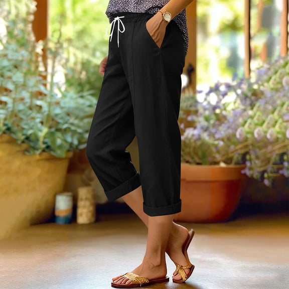 Yotami Women's Elastic Waist Pants Solid Color Drawstring Straight Leg Casual Linen Blend Pants with Pocket Ankle Length Pant for Summer, Black L
