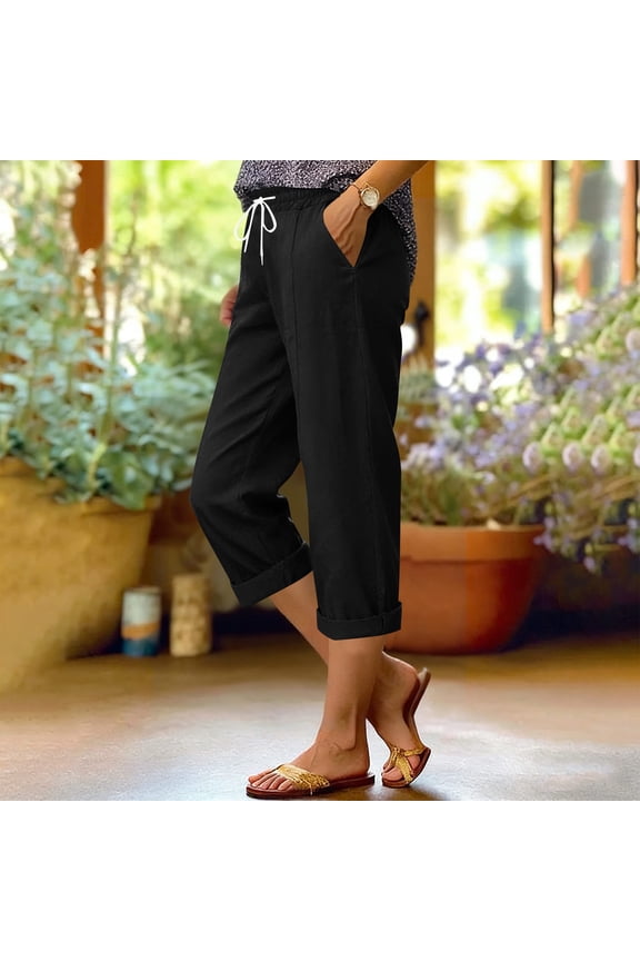 Women's Elastic Waist Pants Solid Color Drawstring Straight Leg Casual Linen Blend Pants with Pocket Ankle Length Pant for Summer, Black XXL