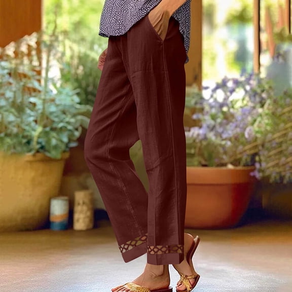 Yotami Women's Elastic Waist Pants with Pocket Loose Cotton Linen Pants Solid Color Straight Leg Ankle Length Pant for Weekend, Wine XL