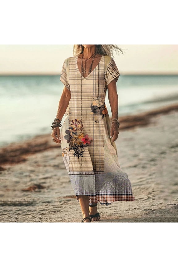 Women's Floral Print Dress Boho Long Dress Short Sleeve Summer V-Neck Loose Flowy Dress for Everyday