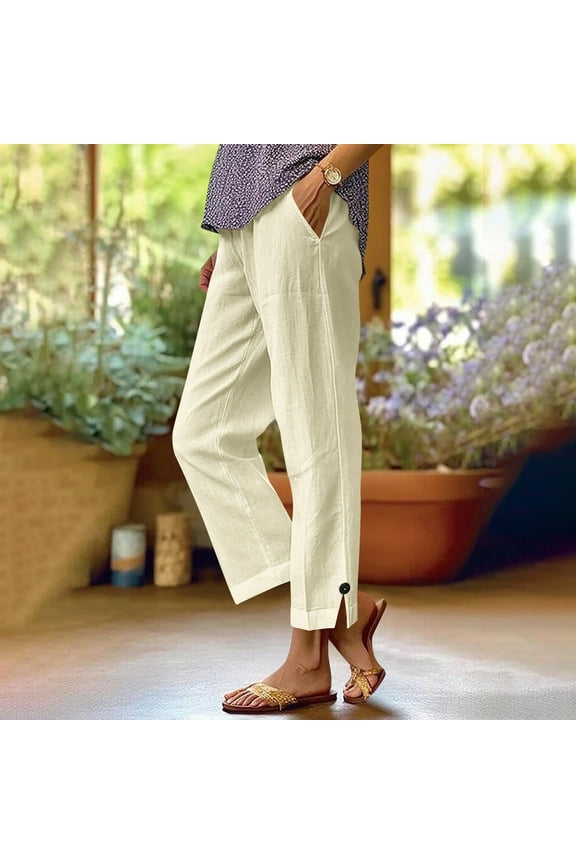 Women's High Waisted Linen Pants Solid Color Comfortable Pants with Pocket Straight Leg Ankle Length Pant for Summer, Beige L