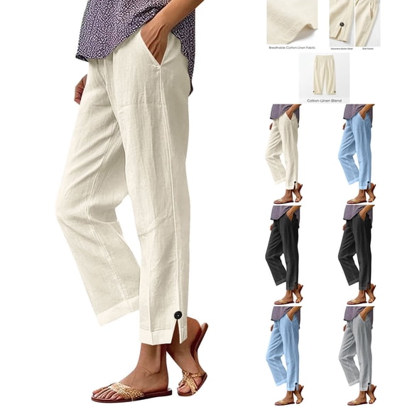 Yotami Women's High Waisted Linen Pants Solid Color Comfortable Pants with Pocket Straight Leg Ankle Length Pant for Summer, Beige S