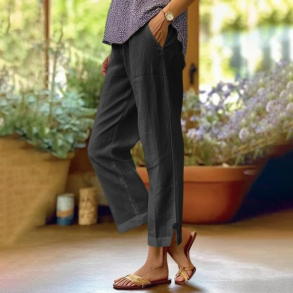 Yotami Women's High Waisted Linen Pants Solid Color Comfortable Pants with Pocket Straight Leg Ankle Length Pant for Summer, Black S