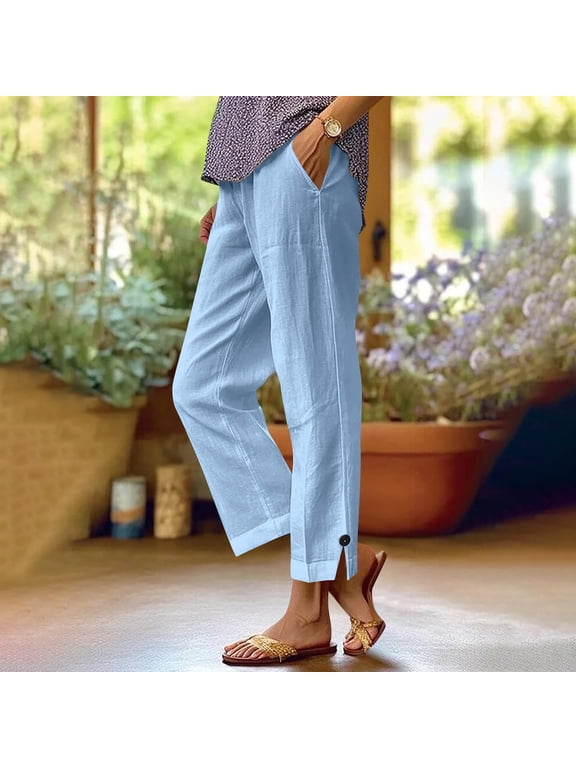 Women's Linen Pants High Waisted Solid Color Comfortable Pants with Pocket Straight Leg Ankle Length Pant for Summer