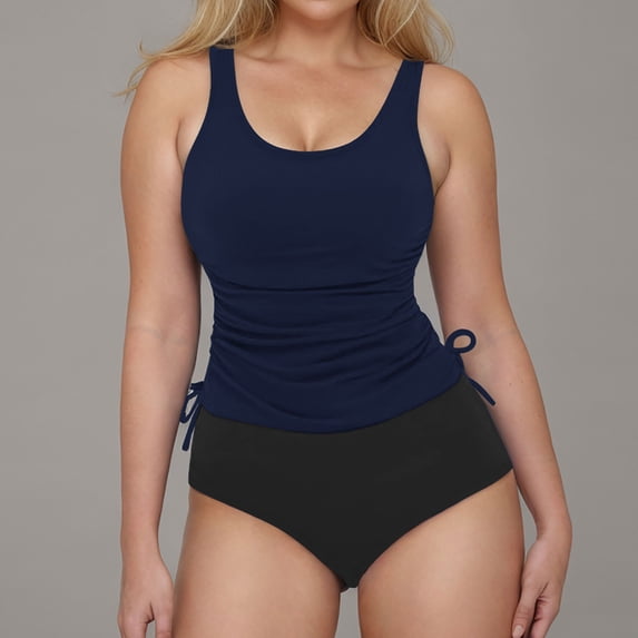 Yotami Women's High Waisted Tankini Top Bikini Set with Removable Padded, Solid Color Swimwear for Holiday, Navy