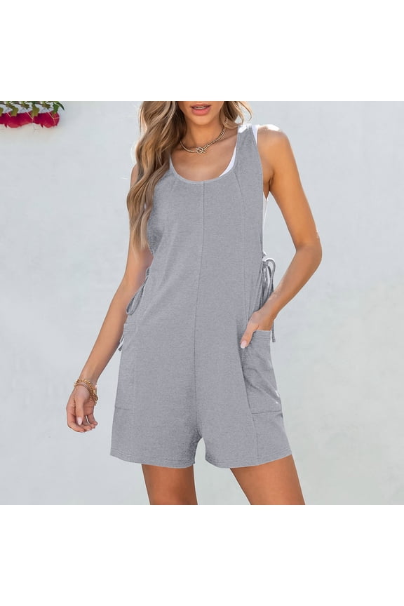 Women's Jumpsuit with Adjustable Belt Summer Soft Jumpsuit with Pocket Sleeveless Wide Leg Solid Color Short Romper for Casual