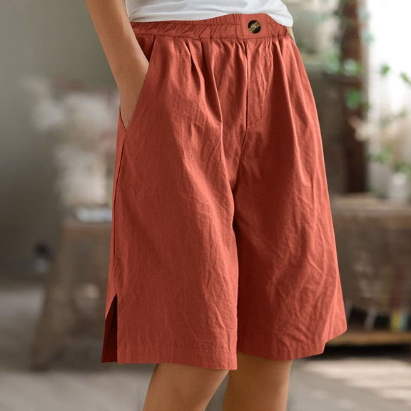 Yotami Women's Lightweight Cotton Linen Shorts with Pocket Summer Loose Fit High Waist Shorts Straight Leg Bermuda Shorts for Casual