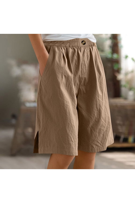 Women's Lightweight Cotton Linen Shorts with Pocket Summer Loose Fit High Waist Shorts Straight Leg Bermuda Shorts for Casual