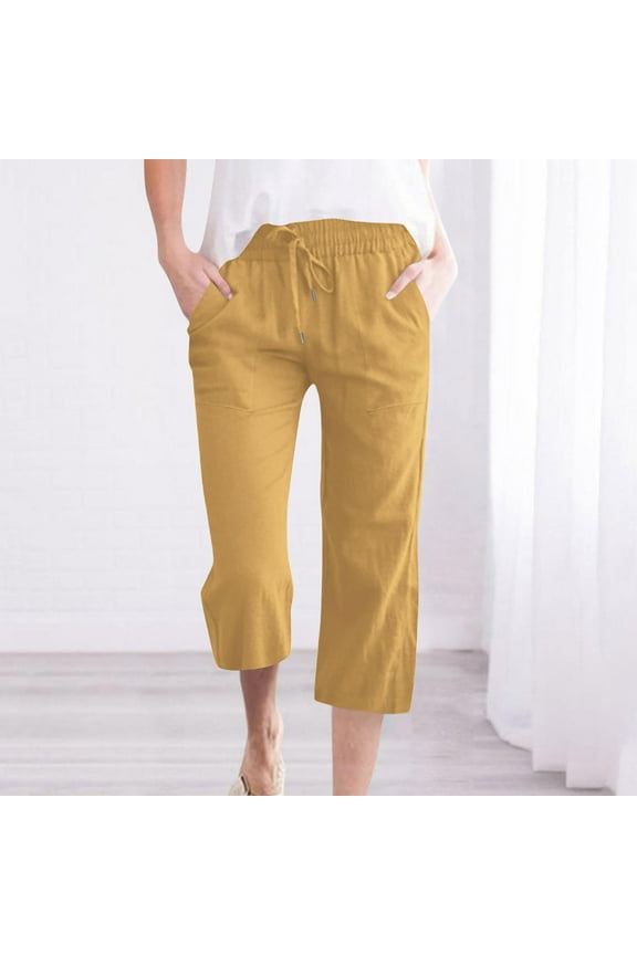Women's Linen Blend Pants Solid Color Loose Capri Pants Elastic Waist Straight Leg Drawstring Comfortable Capris with Pocket, Yellow XXXL