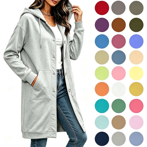 Yotami Women's Long Hooded Sweatshirt Coat, Button Front Long Sleeve Hoodie with Pockets, Drawstring, Fall Winter Casual Loose Soft Lightweight Sweatshirt
