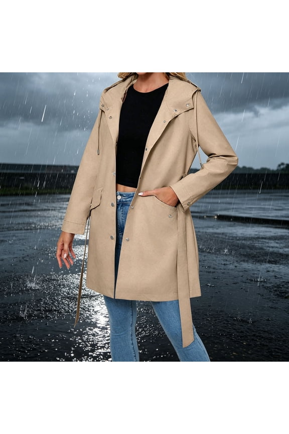 Women's Long Rain Jacket Waterproof Hooded Trech Coat with Belted, Lightweight Outdoor Hiking Fall Raincoats