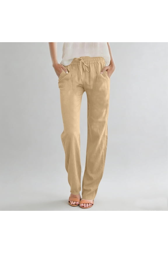 Women's Loose Fit Linen Pants High Waisted Solid Color Breathable Pants with Pocket Straight Leg Drawstring Ankle Length Pant for Daily, Khaki M
