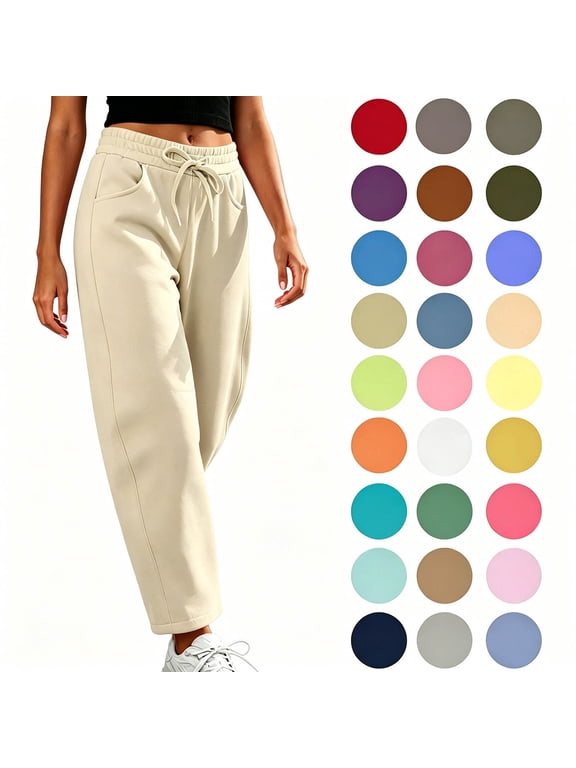 Women's Loose Fit Sweatpants Fall Wide-Leg Casual Pants with Pocket, Drawstring, Elastic High Waisted, Straight Leg, Lounge, Solid, Baggy Sweatpants
