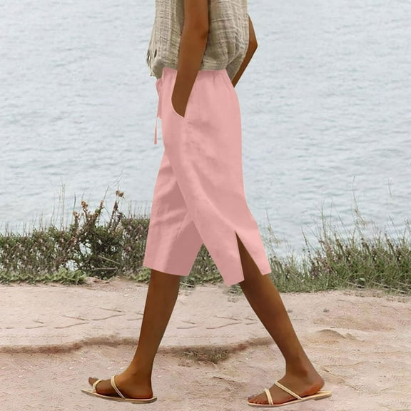 Yotami Women's Loungewear Shorts with Pocket High Waist Straight Leg Loose Fit Side Slit Drawstring Shorts Cotton Linen Summer Bermuda Shorts for Holiday