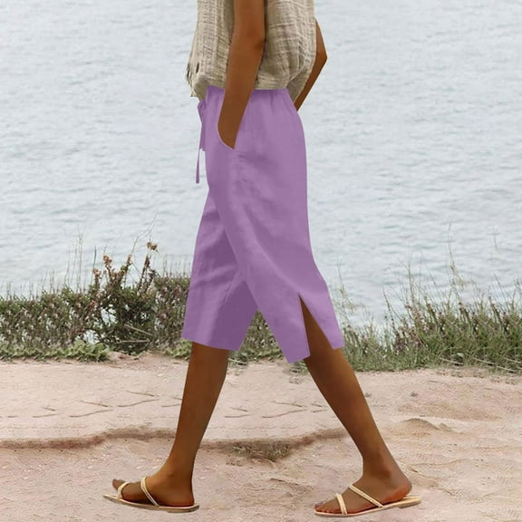 Yotami Women's Loungewear Shorts with Pocket High Waist Straight Leg Loose Fit Side Slit Drawstring Shorts Cotton Linen Summer Bermuda Shorts for Holiday