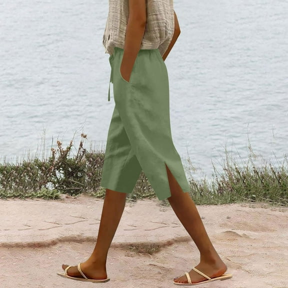 Yotami Women's Loungewear Shorts with Pocket High Waist Straight Leg Loose Fit Side Slit Drawstring Shorts Cotton Linen Summer Bermuda Shorts for Holiday