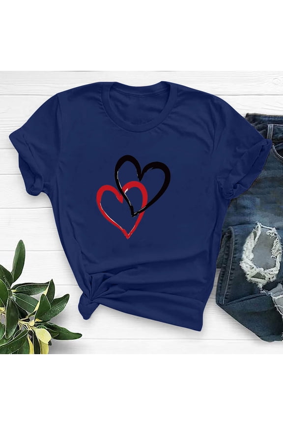 Women's Love Plus Size Tshirt Valentine's Day Round Neck Summer Short Sleeve Heart Print Casual Tshirt Gift for Her